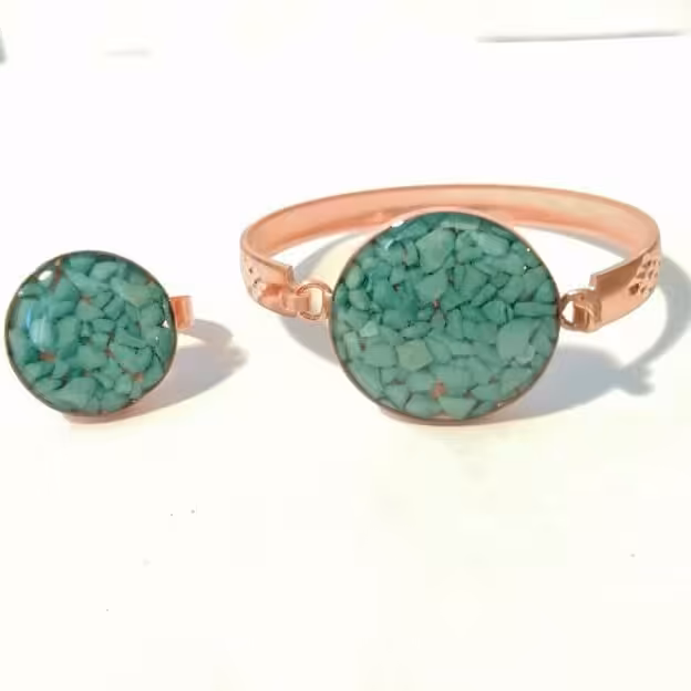 ست دستبندانگشتر باخرده سنگ فیروزه