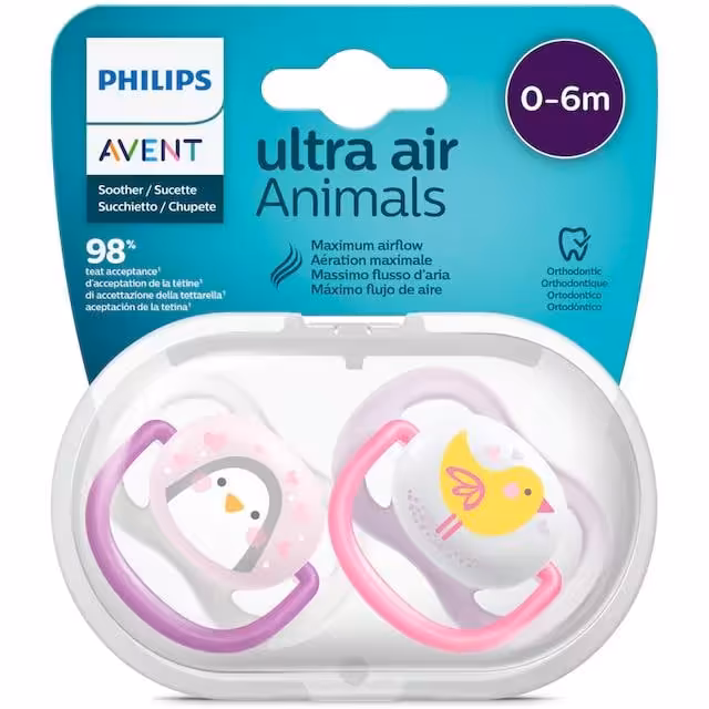 پستانک اونت مدل الترا ایر 0-6 بسته 2 عددی avent ultra air animals scf080/06