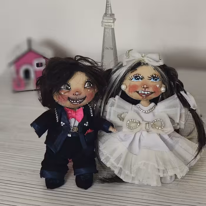 عروسک دست دوز  عروس داماد  جا سویچی 12 سانت