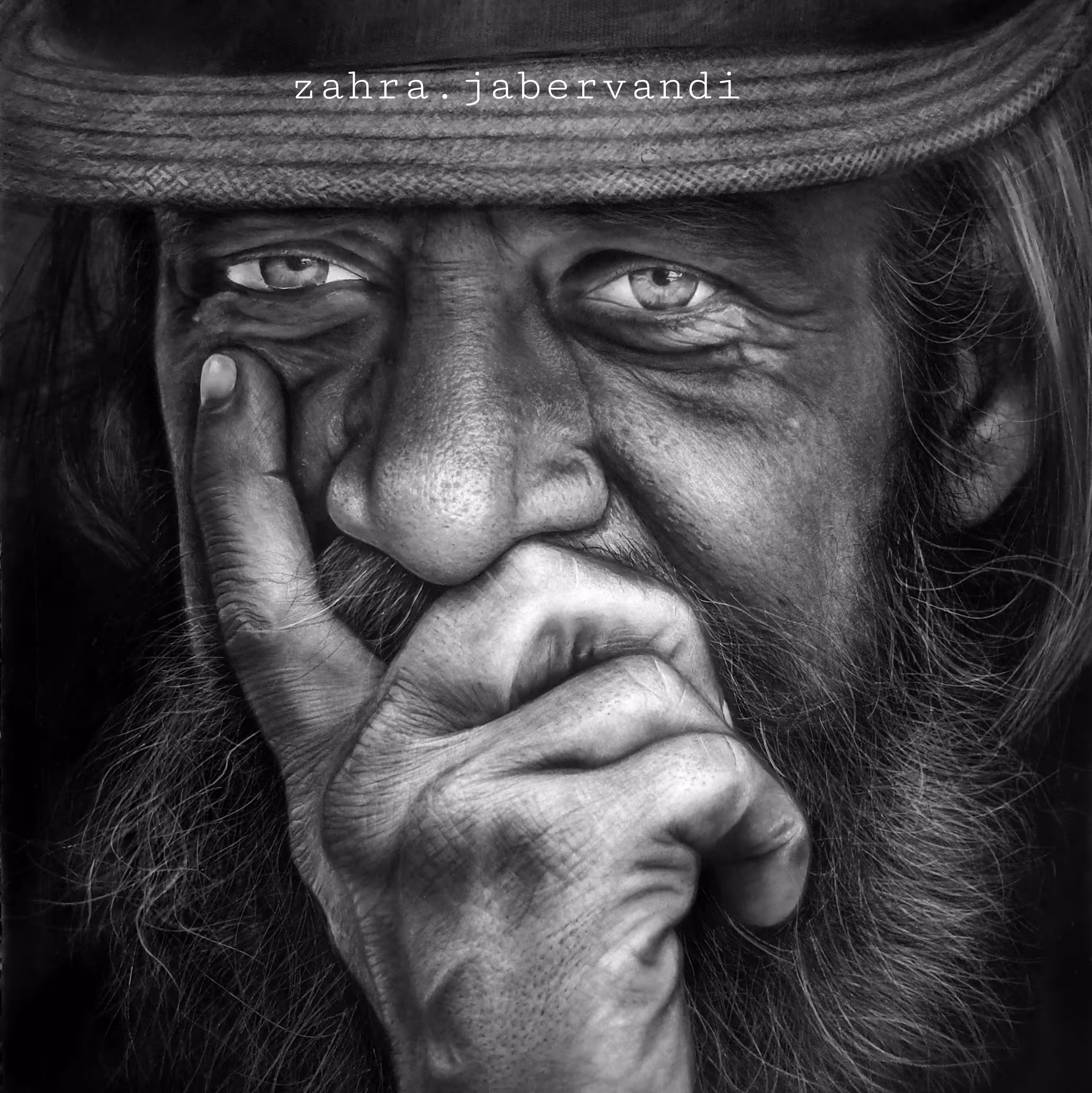 چهره سیاه قلم پرتره پیرمرد  در سایز 100 در 70 سبک هایپررئال 