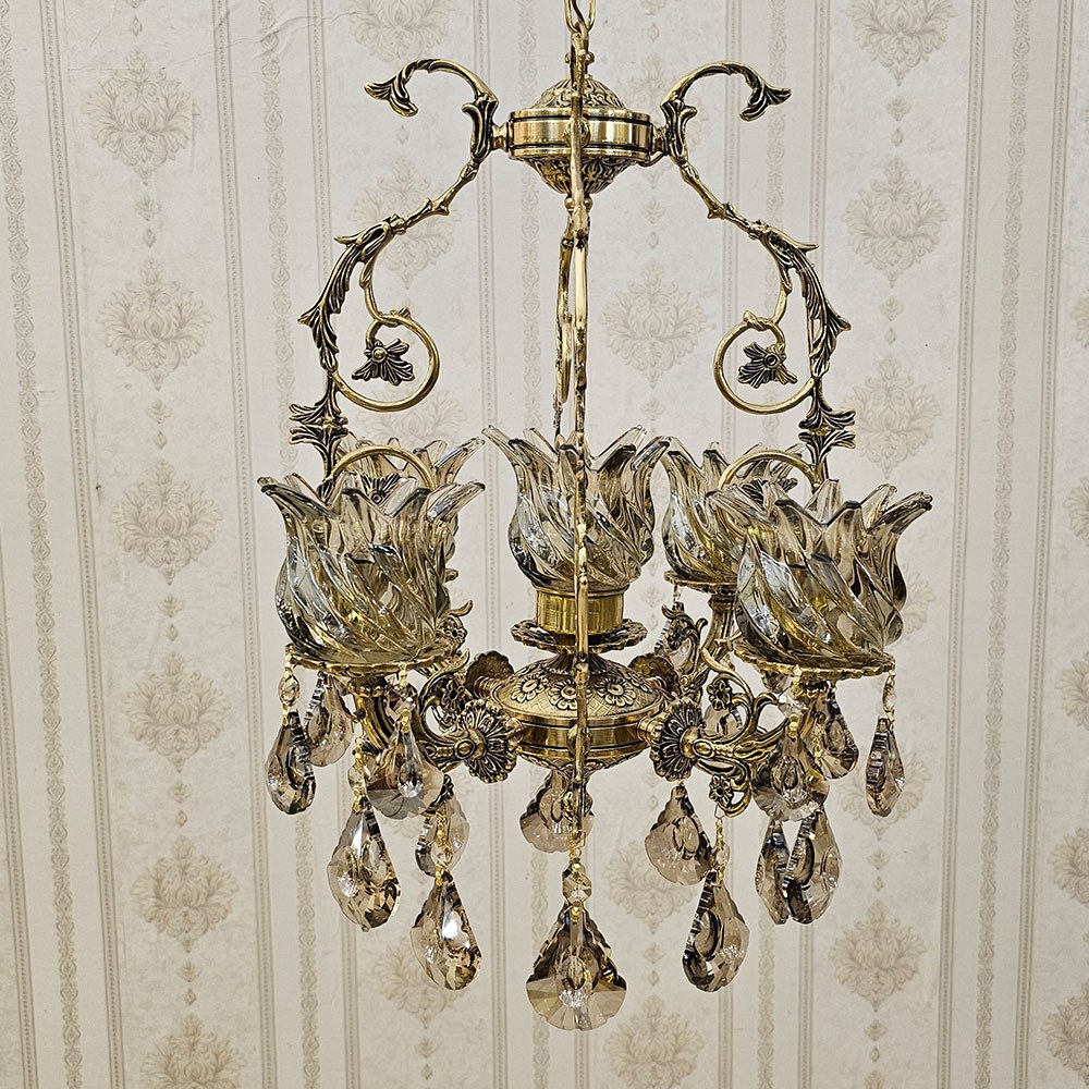 لوستر برنزی مدل فانوس 5 شعله پرداختی کد 6512 ( لوستر برنجی )