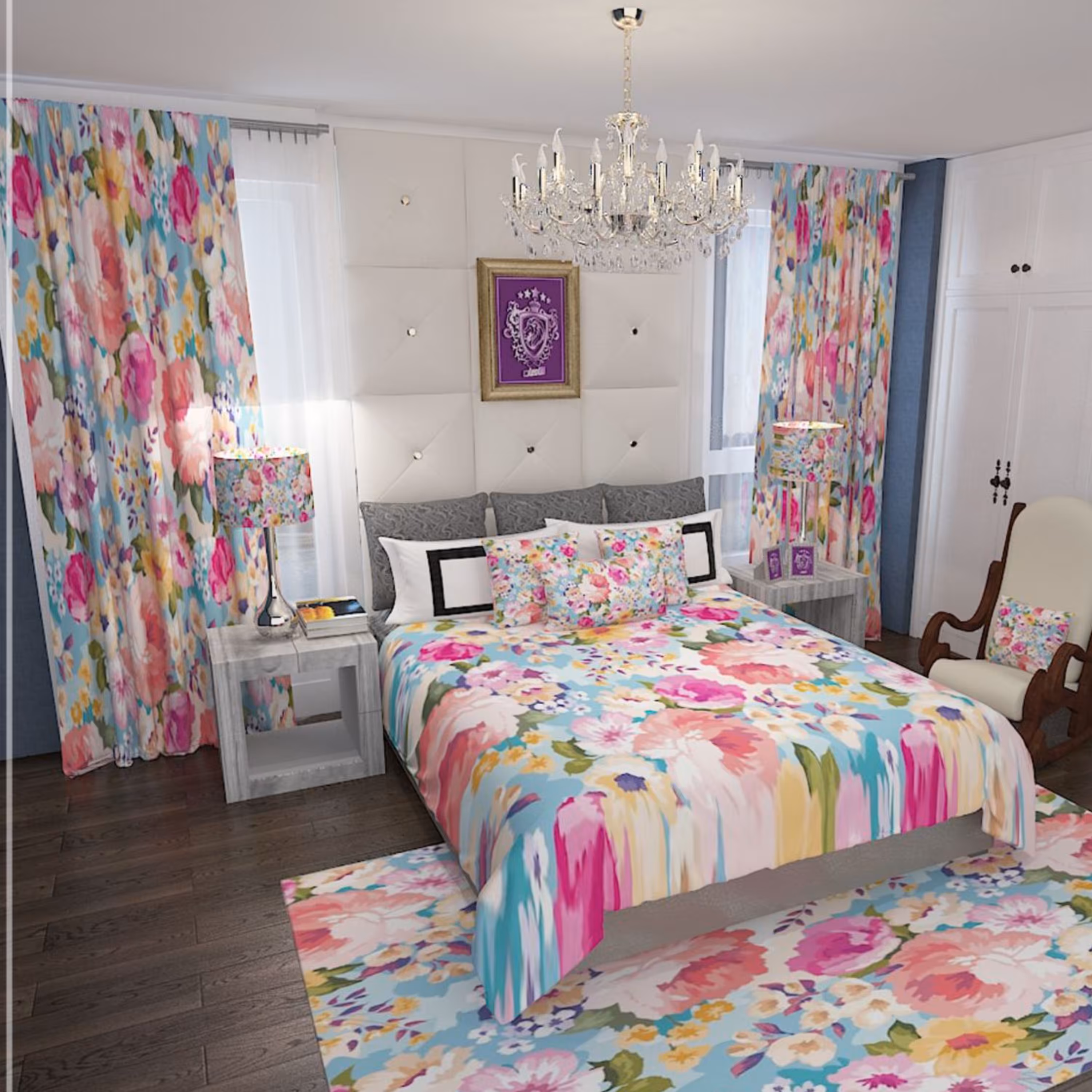 ست خواب دو نفره جنس مخمل - طرح گل آبرنگی شاد 