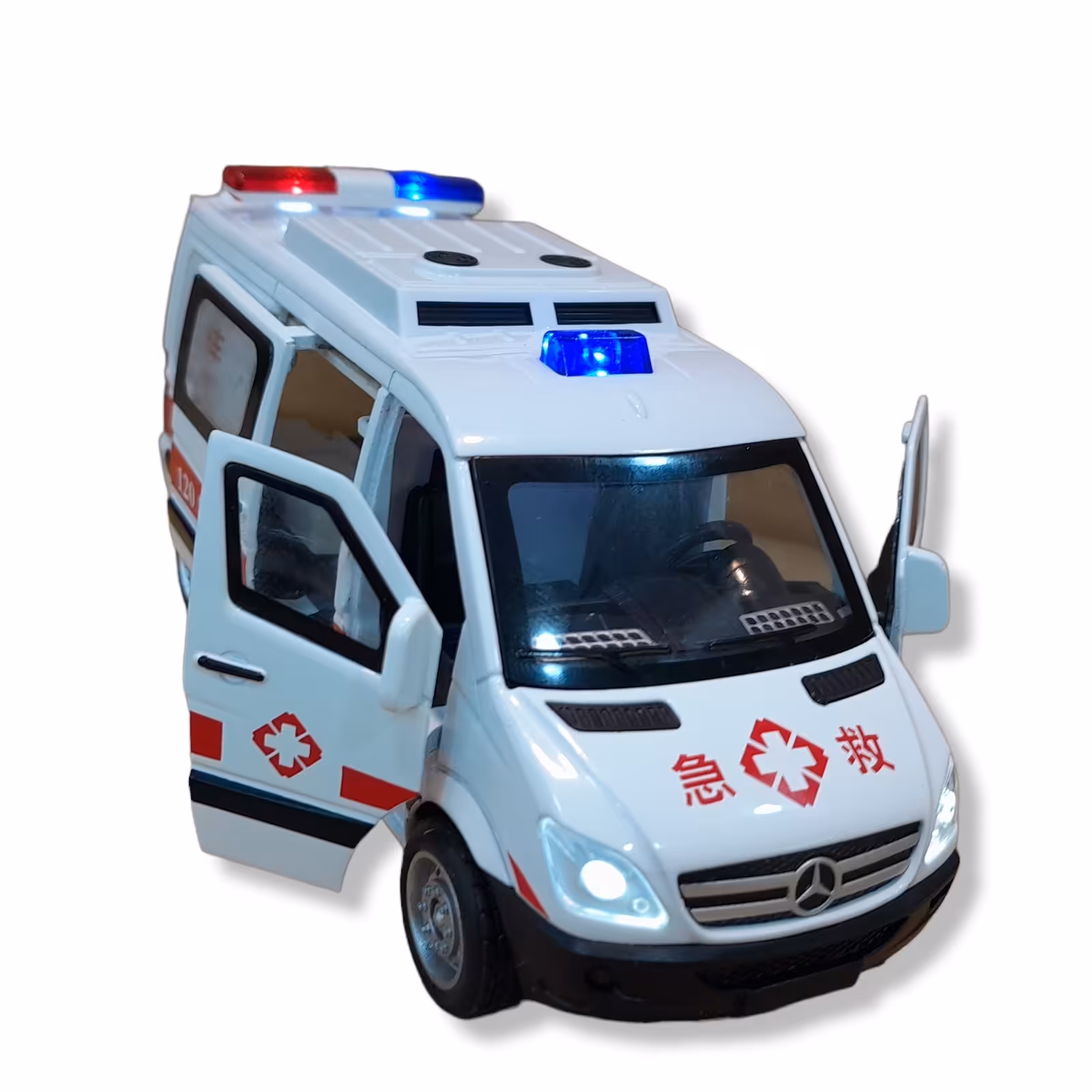 ماکت آمبولانس مرسدس بنز فلزی دربازشو موزیکال چراغدار ماشین آمبولانس فلزی