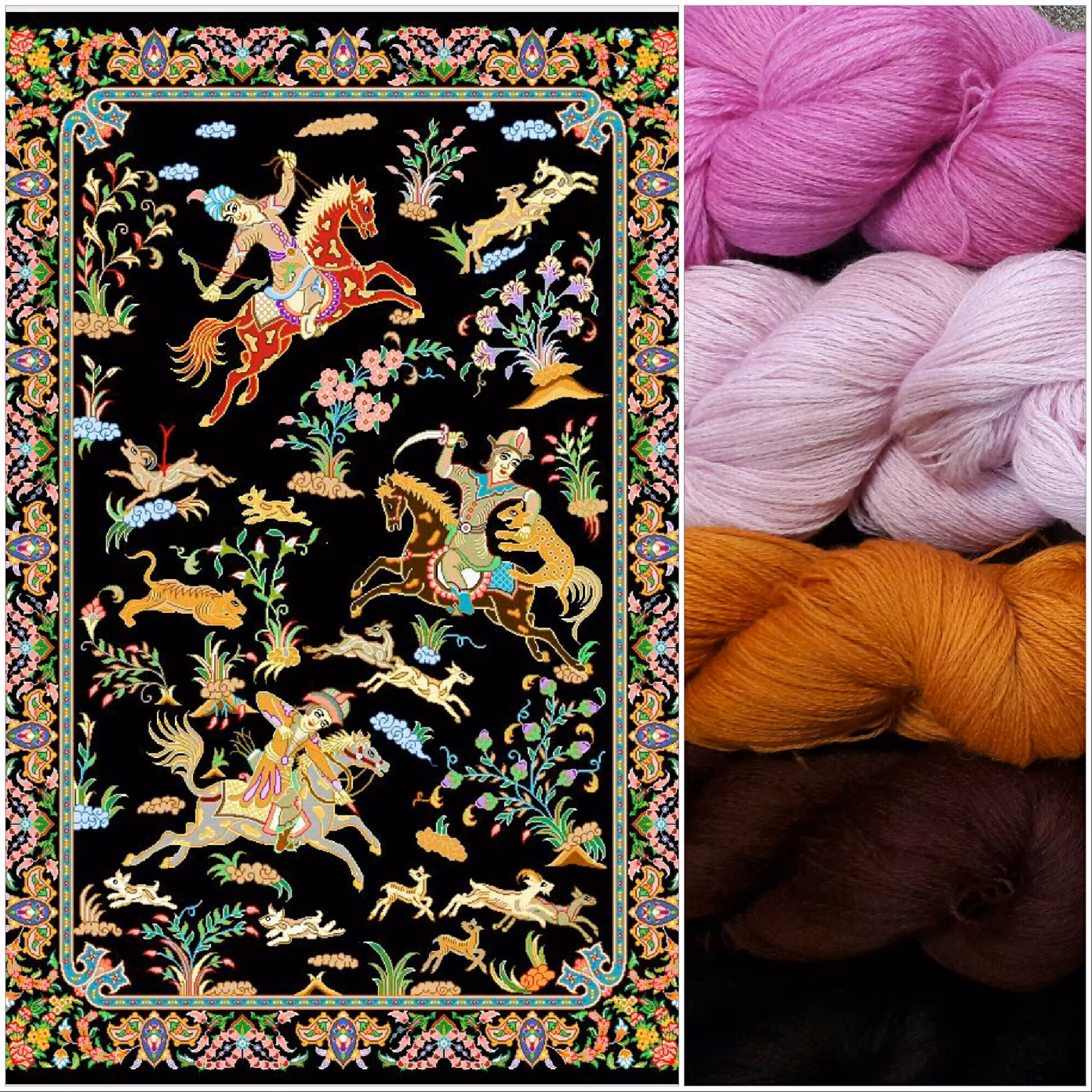 نخ ونقشه فرش دستباف90در120سانتی شکارگاه