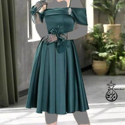 پیراهن مهمانی زنانه ساتن آمریکایی و خرجکار نگین مدل بارلی کوتاه