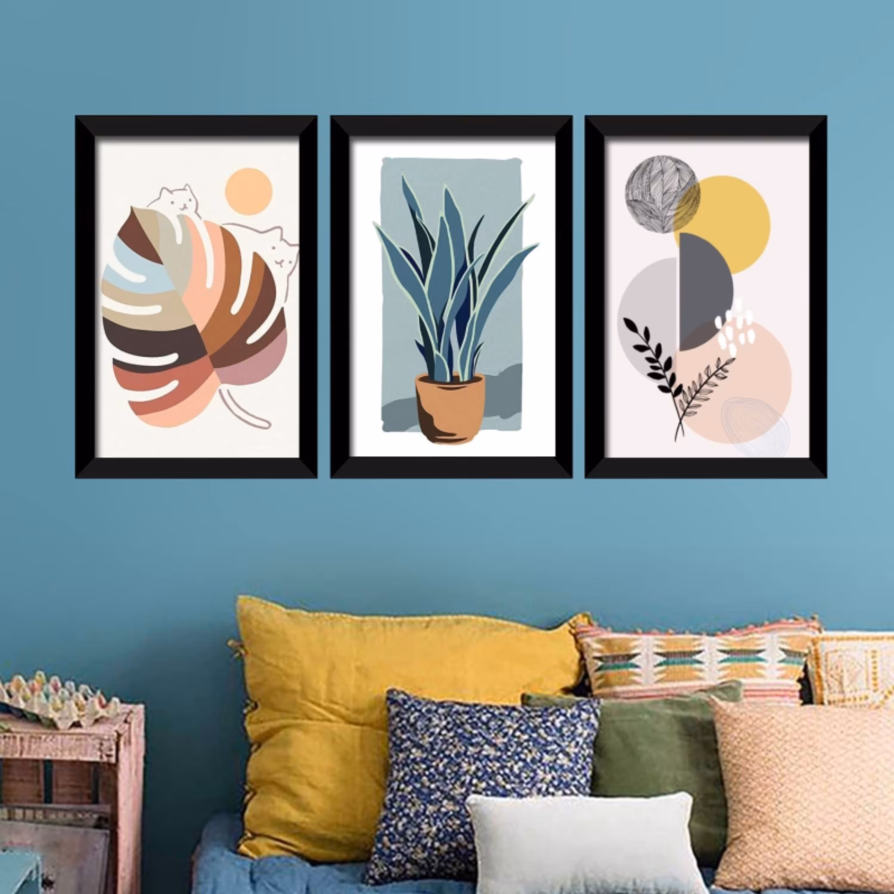 تابلو مینیمال طرح گل و سنگ مجموعه 3 عددی