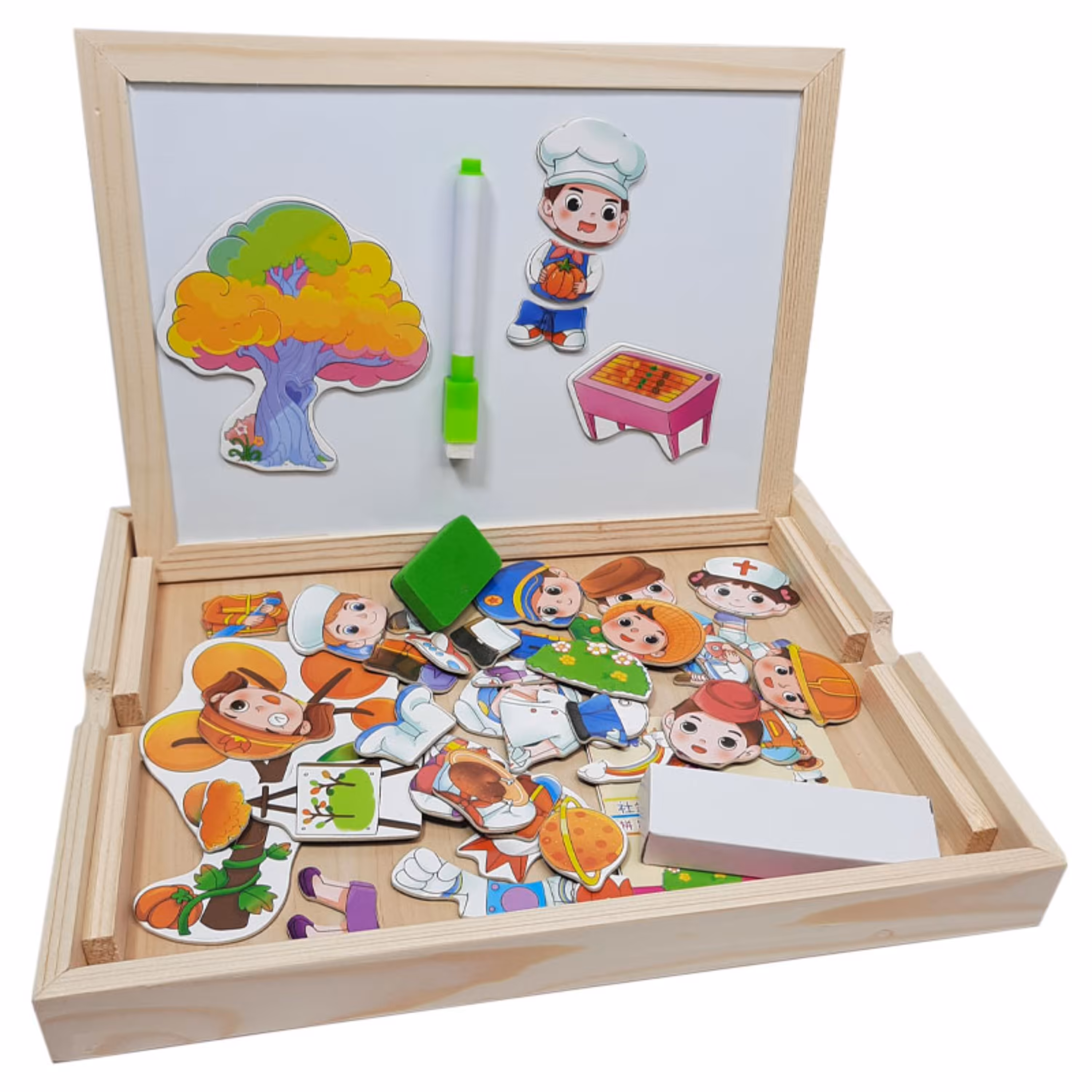 بازی آموزشی مشاغل تخته سیاه و وایت برد مغناطیسی به همراه قطعات چوبی 