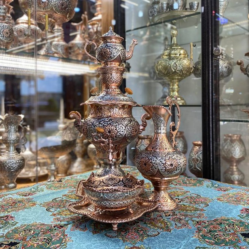 سماور  قلمزنی 3.5 لیتری آبکاری مس و نقره سیاه قلم شب یلدا