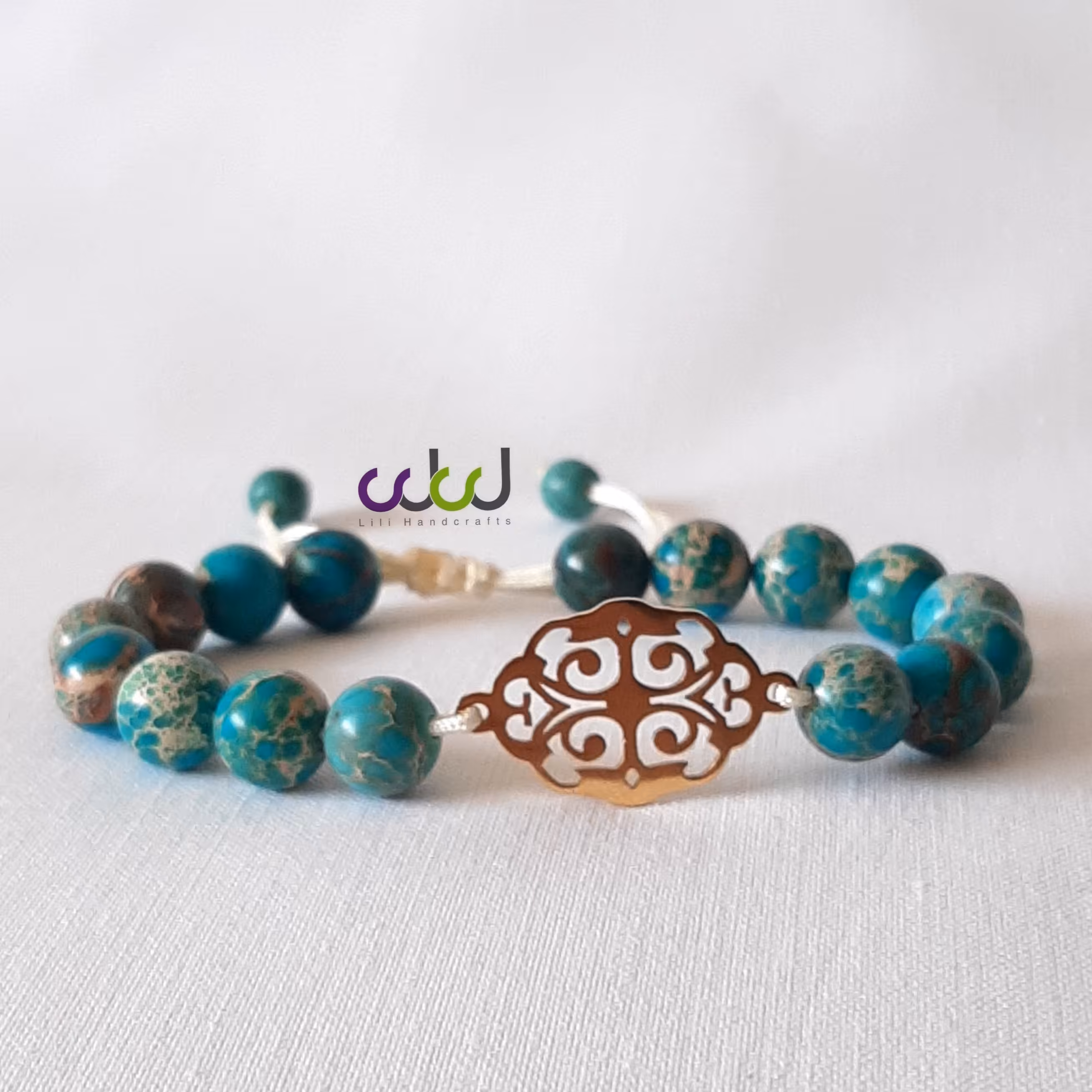 دستبند سنگ فیروزه و پلاک استیل طرح اسلیمی 3