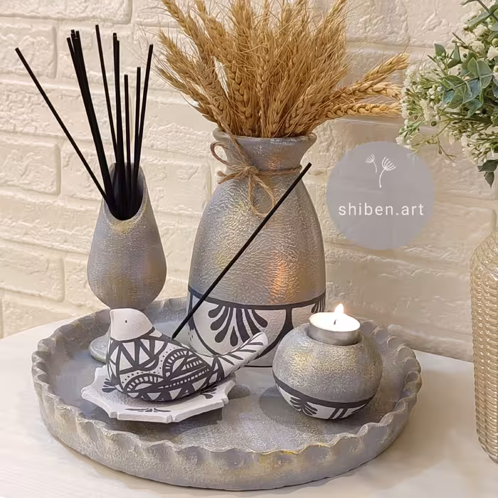 ست رومیزی شمعدان و گلدان پتینه