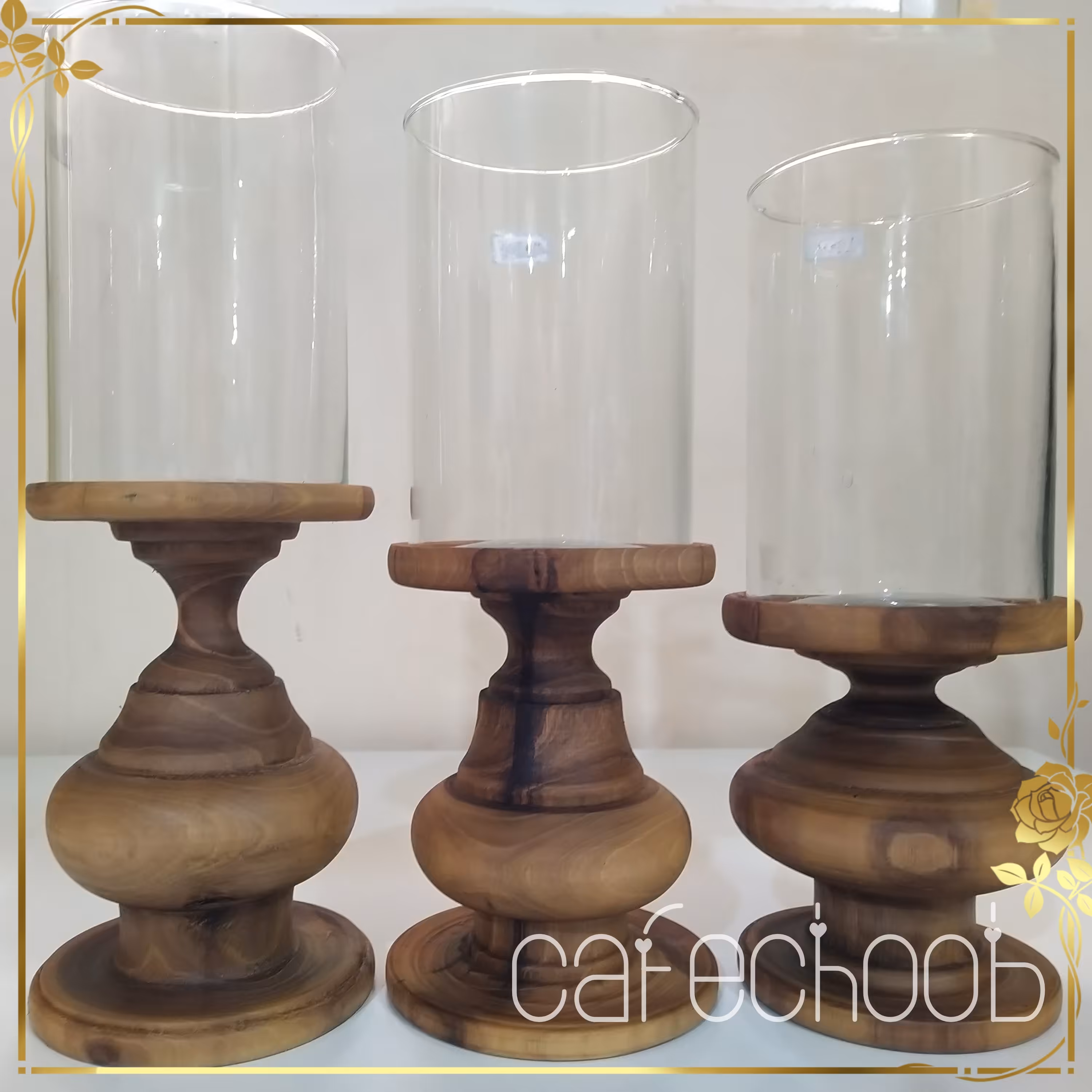 شمعدان چوبی خراطی حباب دار مجموعه سه عددی
