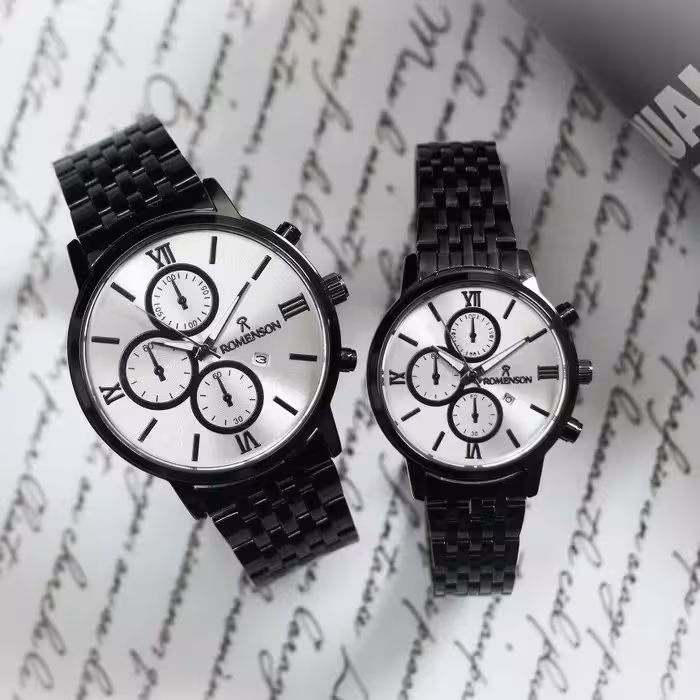 ساعت ست زنانه و مردانه رومانسون رنگ مشکی کیفیت قوی با جعبه و ارسال رایگان 