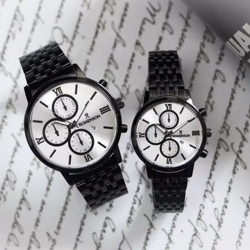 ساعت ست زنانه و مردانه رومانسون رنگ مشکی کیفیت قوی با جعبه و ارسال رایگان 