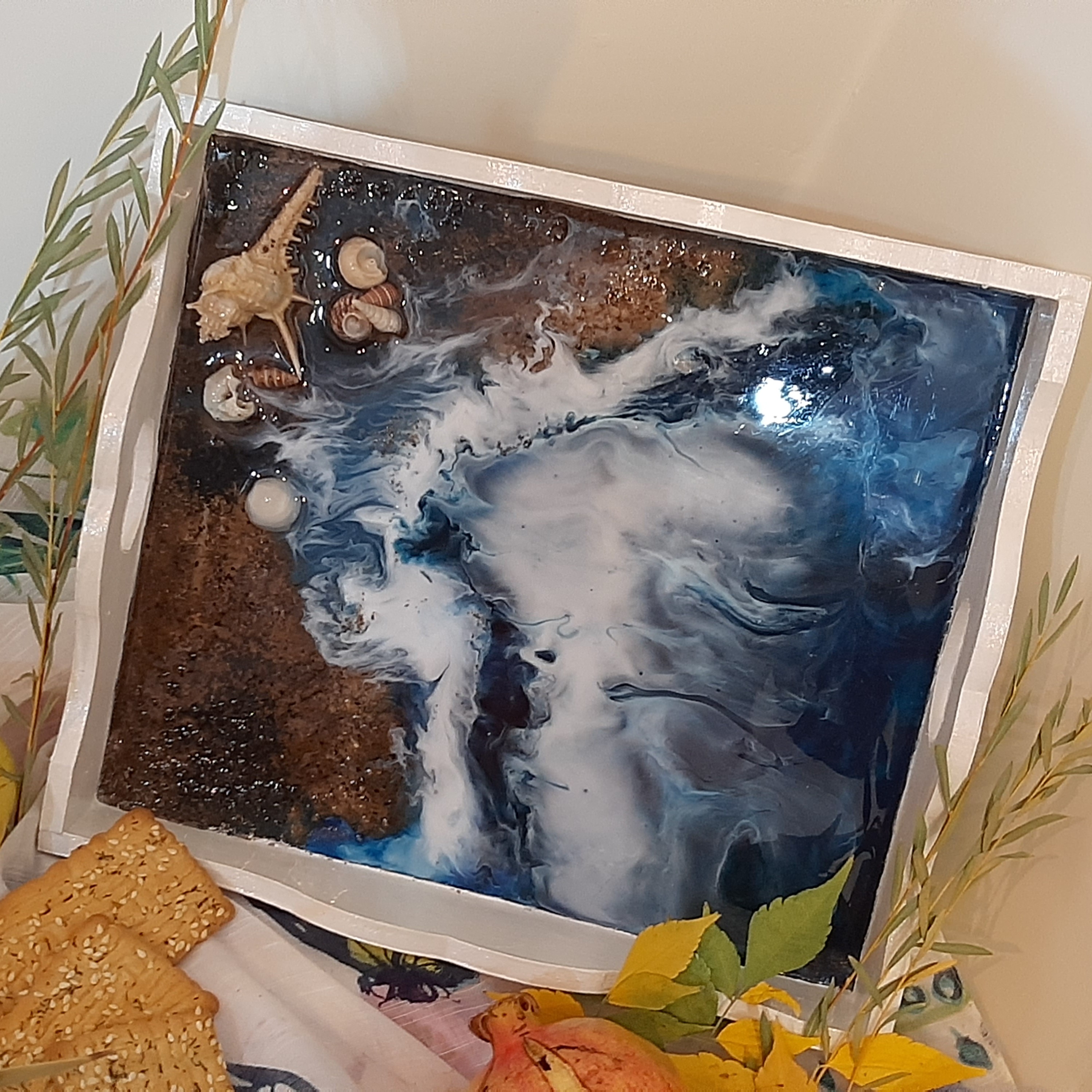 سینی طرح دریای برجسته چوب و رزین
