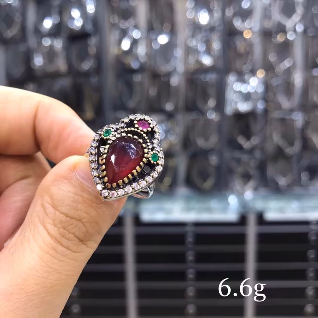 انگشتر عثمانی طرح اشکی قرمزوسبز با عیار 925