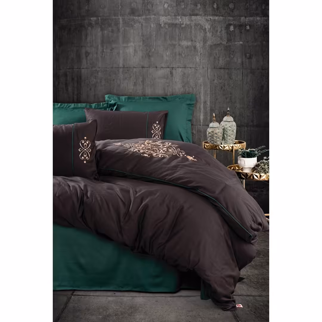 ست ملحفه کاتن باکس مدل Brode Saten Tiana Yesil دو نفره 6 تکه