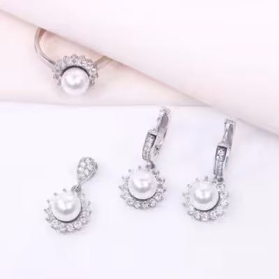 نیم ست نقره مرواریدی مدل دور شکوفه ظریف و شیک کد 1754