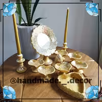 هفت سین یازده تکه آینه کاری سفالی در دو رنگ سفیدطلایی و طلایی 