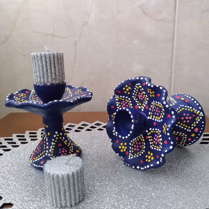جا شمعی سفالی طرحدار مجموعه دو عددی