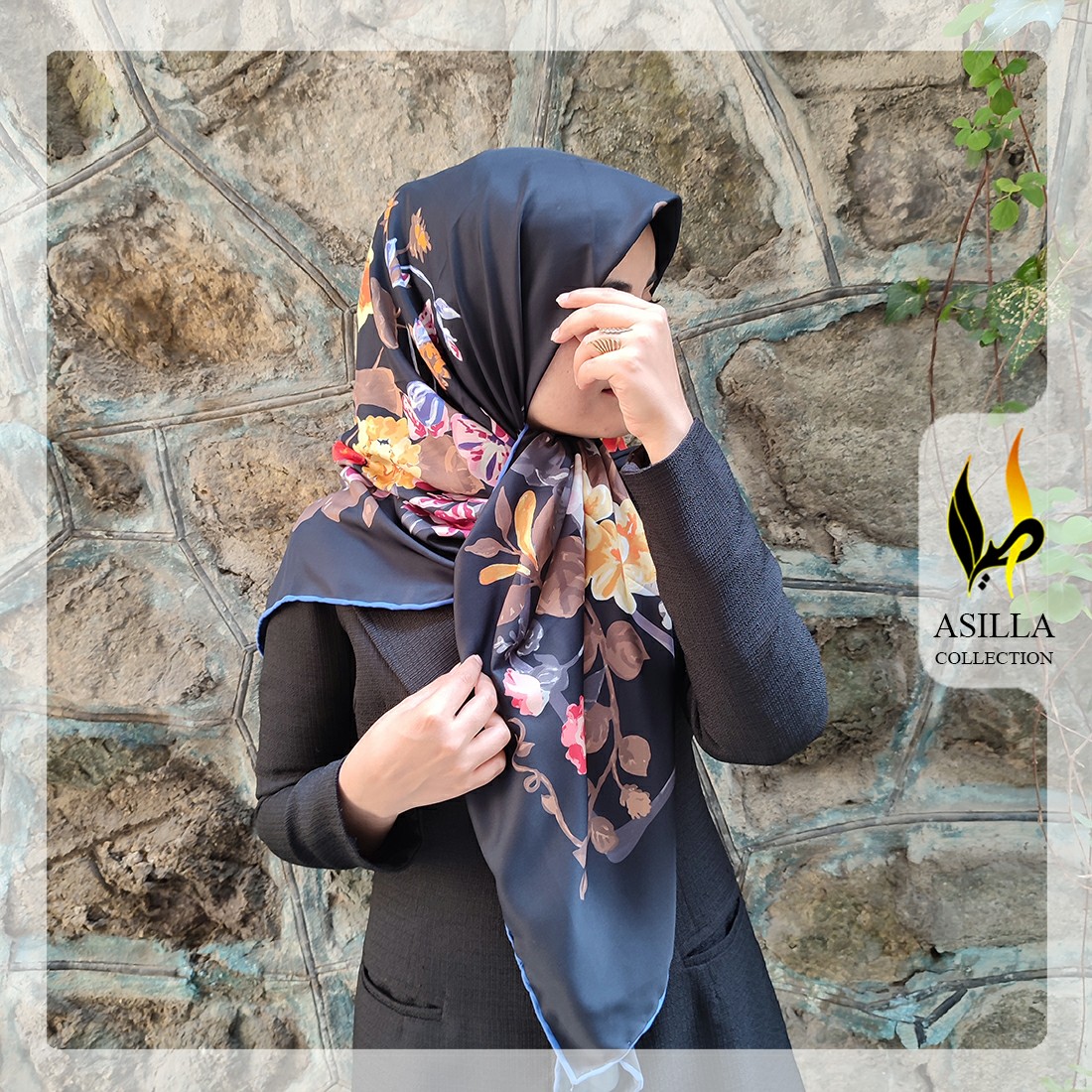 روسری زیبای ابریشم توییل مشکی گل دار دور دست دوز