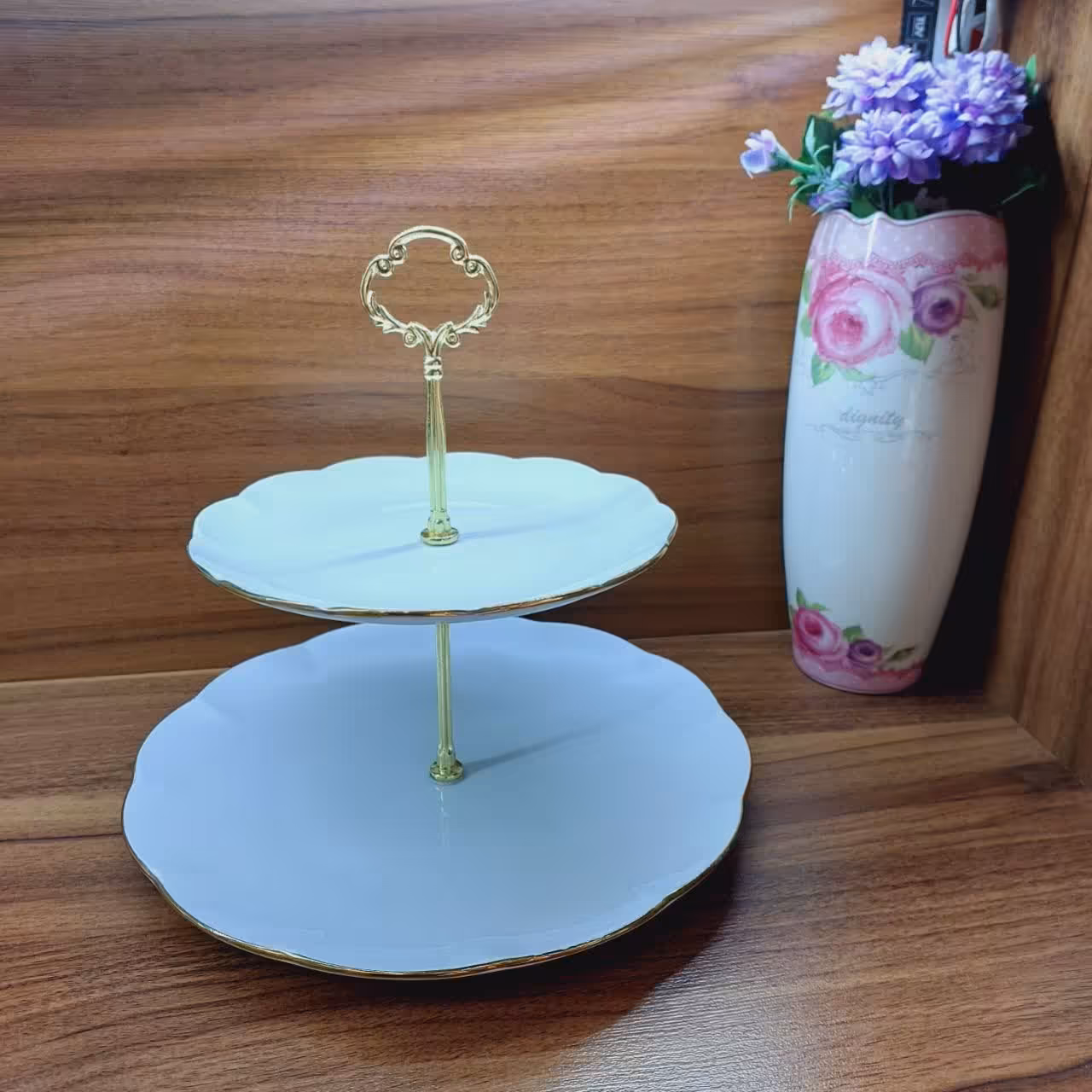 شیرینی خوری دوطبقه نیلوفری (شیرینی خوری دو طبقه چینی لب طلا)
