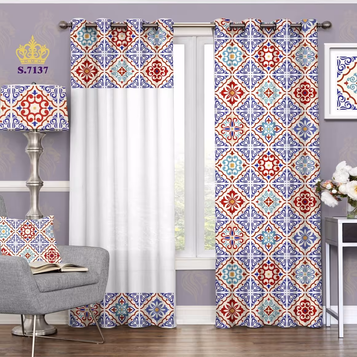 پرده پذیرایی دو قواره پانچ اسلیمی طرح کاشی کاری کد S7137