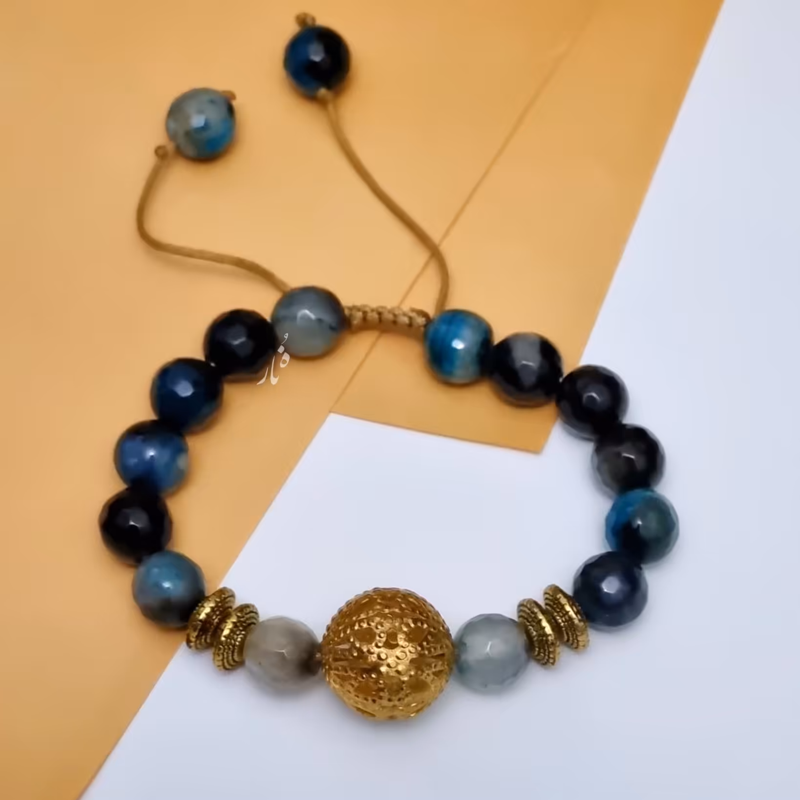 دستبند مهره با سنگ آگات سرمه ای