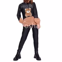 ست هودی شلوار  مشکی براق طرح چرم آستین تدی فری سایز