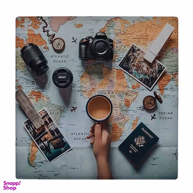 زیر لیوانی  طرح نقشه جغرافیا و لیوان قهوه و پاسپورت کد 6289130_5888