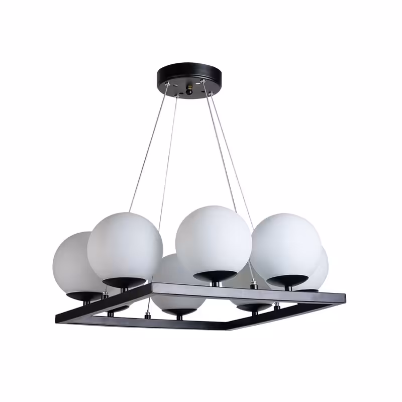 لوستر  مدرن - لوستر سقفی ملوکولی هشت شعله حبابی -چراغ سقفی طرح مدرن مربعی با حباب سفید و رنگ مشکی استاتیک 