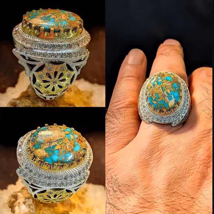 انگشتر فیروزه رگه طلایی