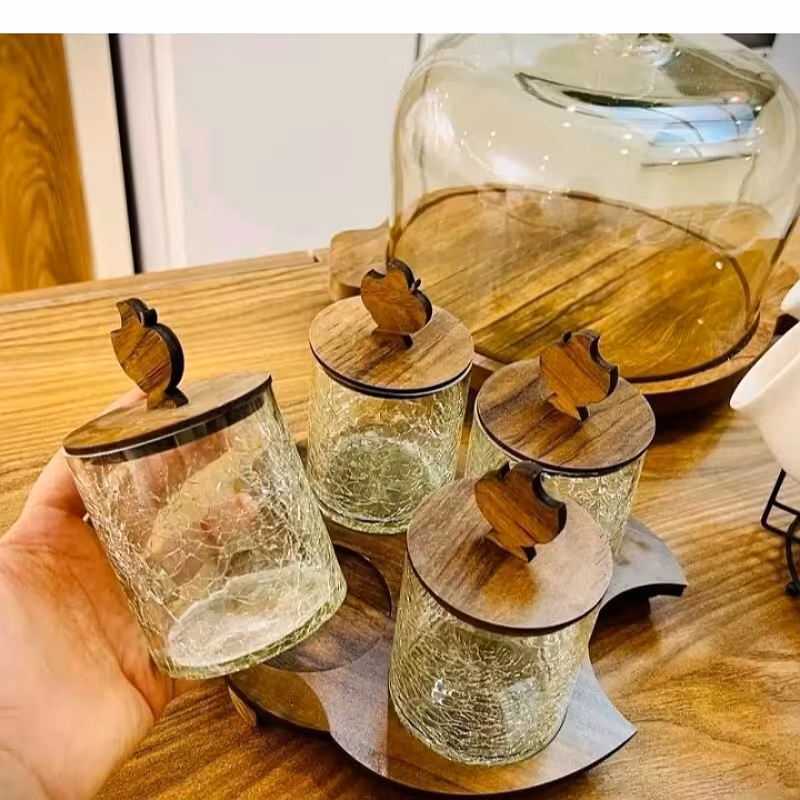 جا ادویه پاسماوری طرح اپل شیشه آبگزودرب چوبی 4عددی 