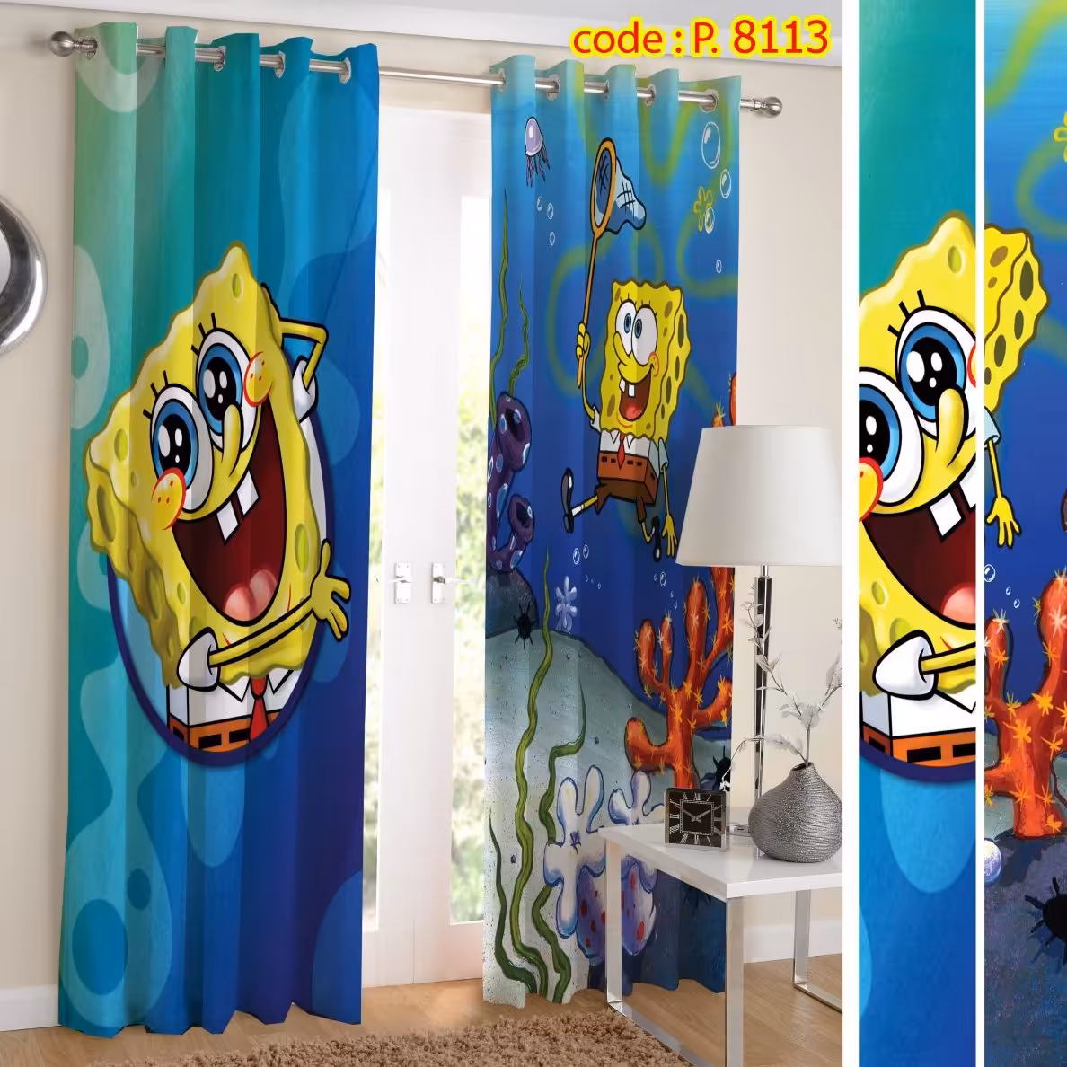 پرده اتاق خواب کودک دو قواره پانچ طرح باب اسفنجی کد P8113