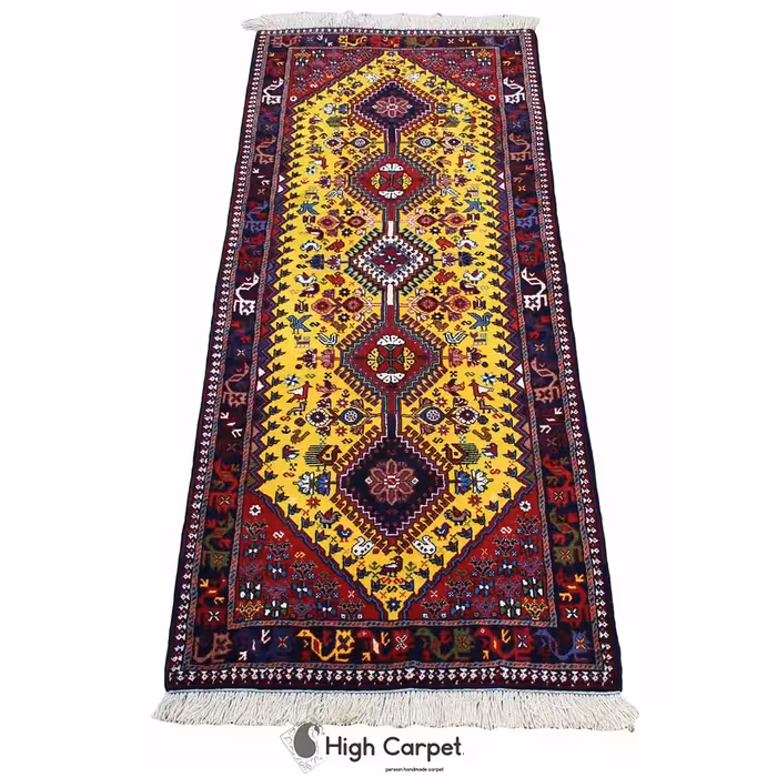 فرش دستبافت کناره 2 متری زمینه زرد طلایی نقشه لوزی یلمه شیراز کد 0391