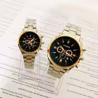 ست ساعت کاسیو طرح سه موتور بند رز گلد صفحه مشکی