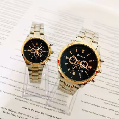 ست ساعت کاسیو طرح سه موتور بند رز گلد صفحه مشکی