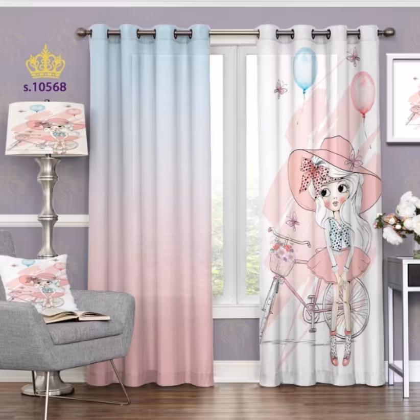پرده اتاق خواب کودک دو قواره پانچ آماده طرح دختر عروسکی کد S10568