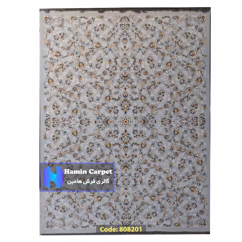 فرش 12 متری 700شانه تراکم 2550 نخ آکلریک رنگ زمینه نقره ای کد AR808201