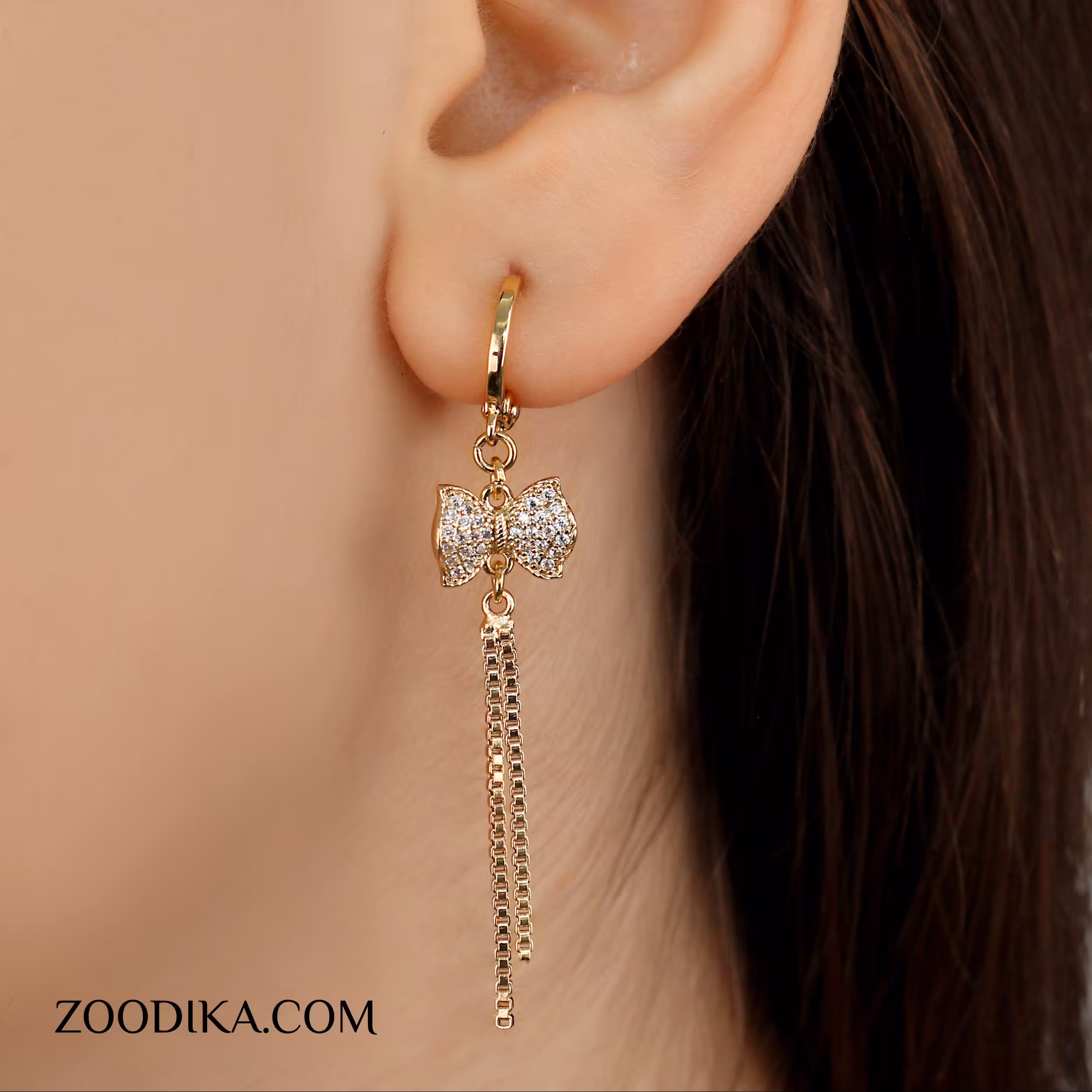 گوشواره آویزی ژوپینگ مدل پاپیون طرح طلا رنگ ثابت ضد حساسیت  AAC-326