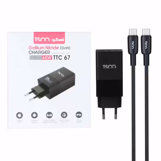 شارژر دیواری 65 وات فست شارژ PD و دوپورت تسکو مدلTTC67 به همراه کابل تبدیل USB-C