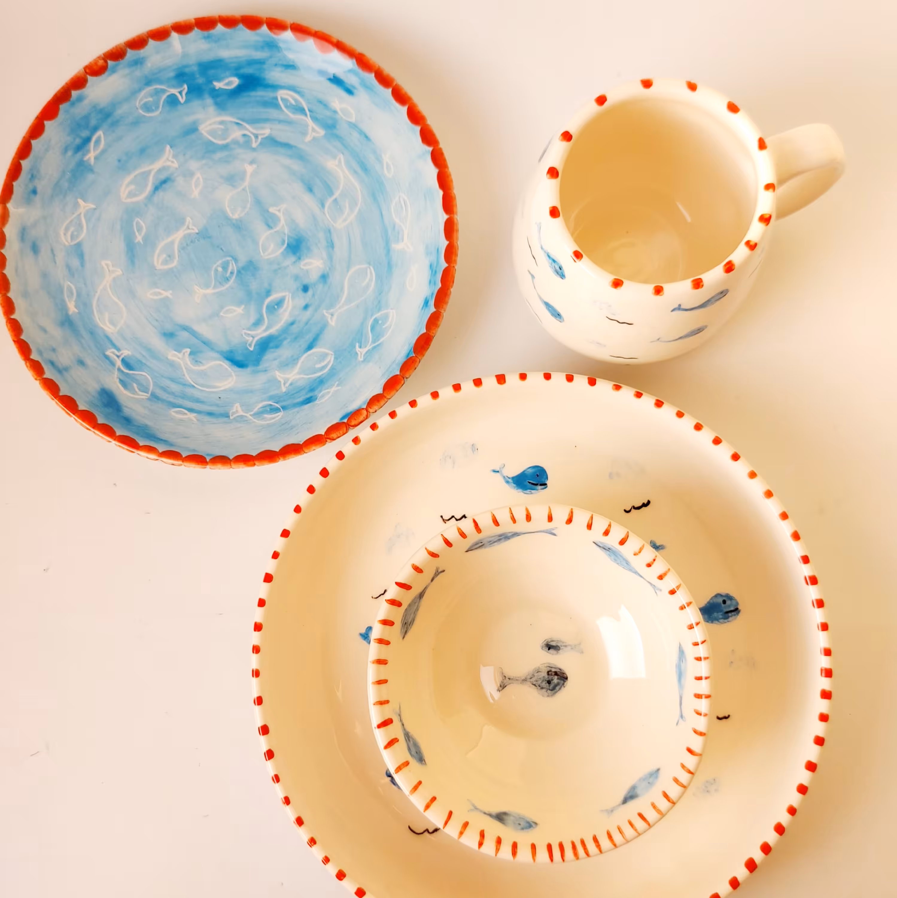 ست  غذاخوری سرامیک یک نفره  طرح نهنگ دست ساز 4 تکه (پس کرایه)