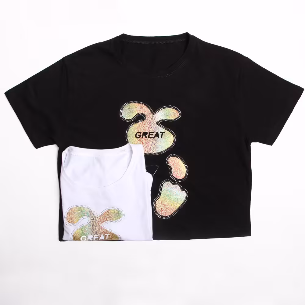 تیشرت کراپ هولوگرامی GREAT جنس پارچه نخ پنبه کشی رنگبندی 2 رنگ
