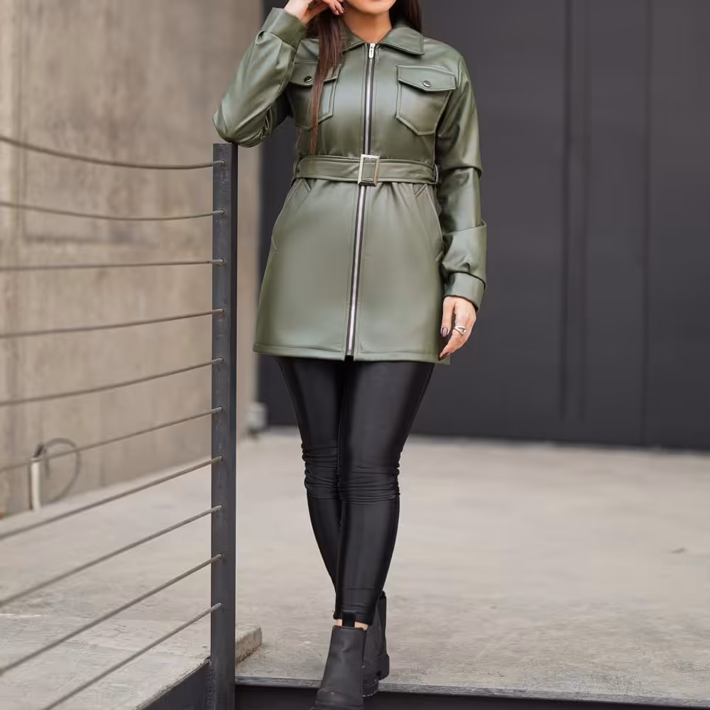 کت چرم پشت کتان، از 36 تا 46، یقه گرد، قد 75، آستردار، زیپ، کمربند، کیفیت عالی