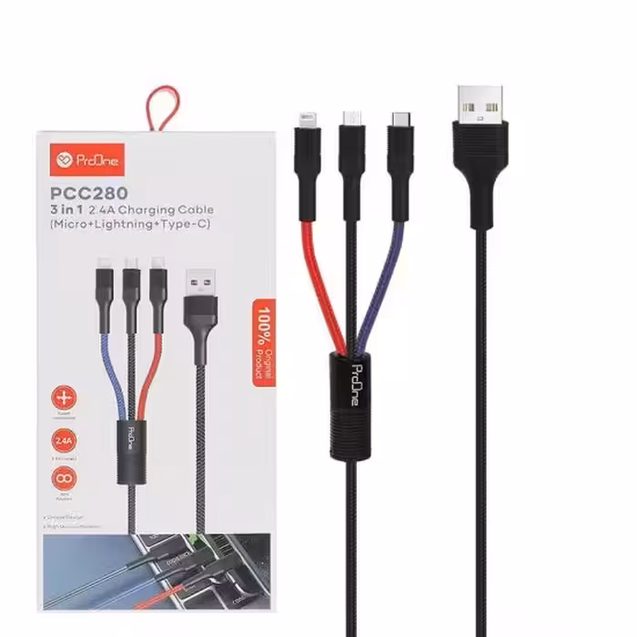 کابل شارژ 3 سر اندروید آیفون تایپ سی پرووان (ProOne) مدل PCC280

