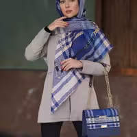 ست کیف و روسری تارتان کرم سورمه ای