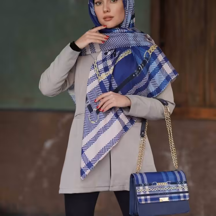 ست کیف و روسری تارتان کرم سورمه ای