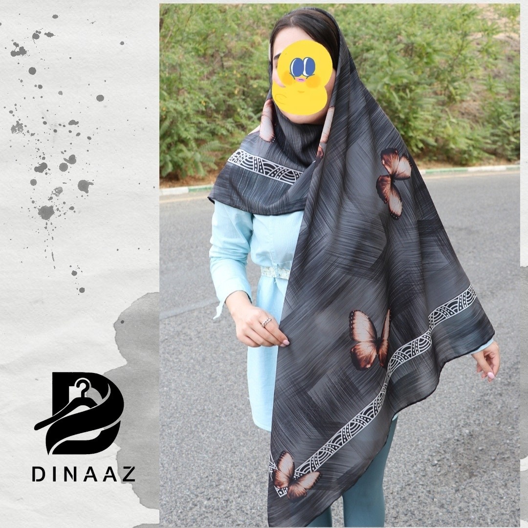 روسری نخی طرح دار دور دوخت قواره130زمینه طوسی مشکی