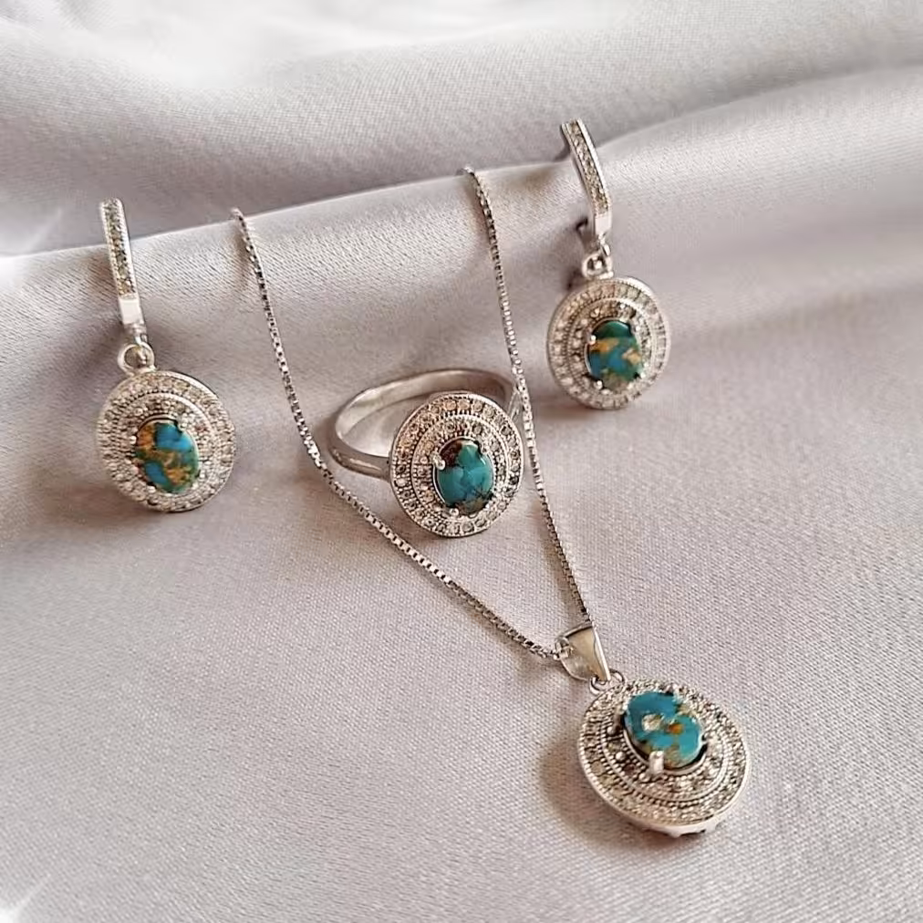 نیم ست نقره زنانه تایلندی نگین فیروزه اصل