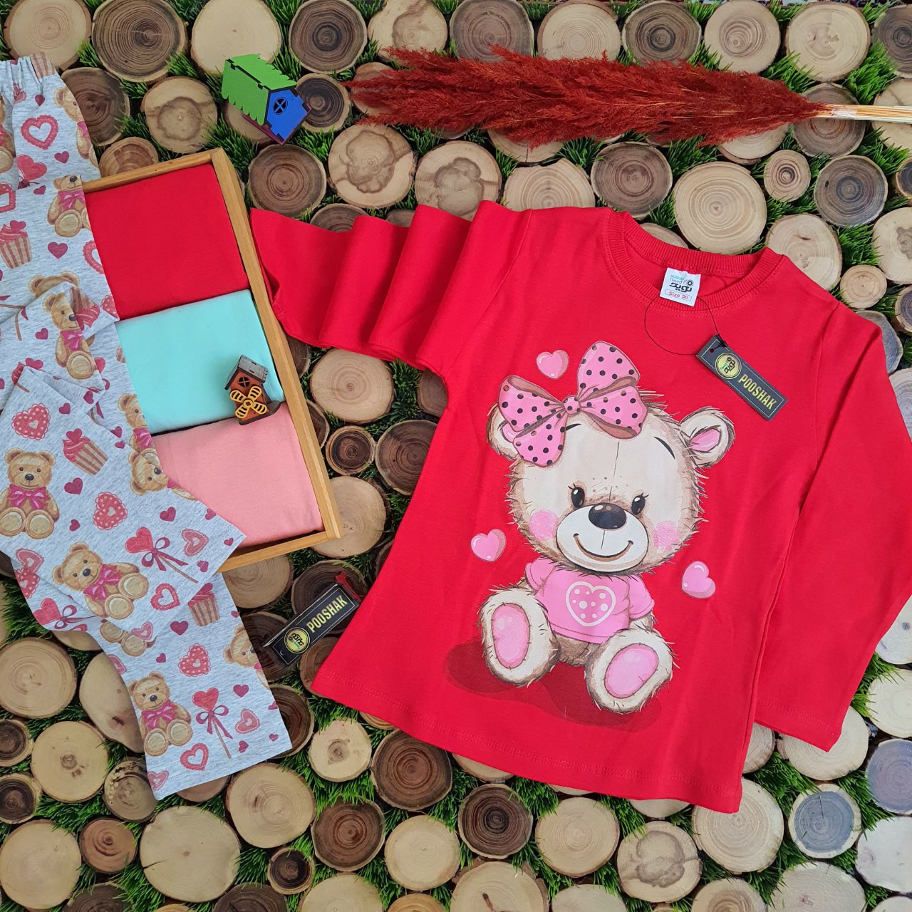 بلوز و شلوار دخترانه طرح خرس تدی در سه رنگ زیبا سایز 45 الی 55 با ارسال رایگان