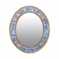 قاب آینه بیضی لبه دالبری مدل گل و مرغ آبی برجسته خاتم کاری(سایز بزرگ)(گارانتی 120 ماهه)